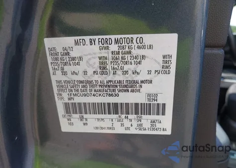 2012 Ford Escape Xlt из США, поврежденный, VIN 1FMCU9D74CKC78630